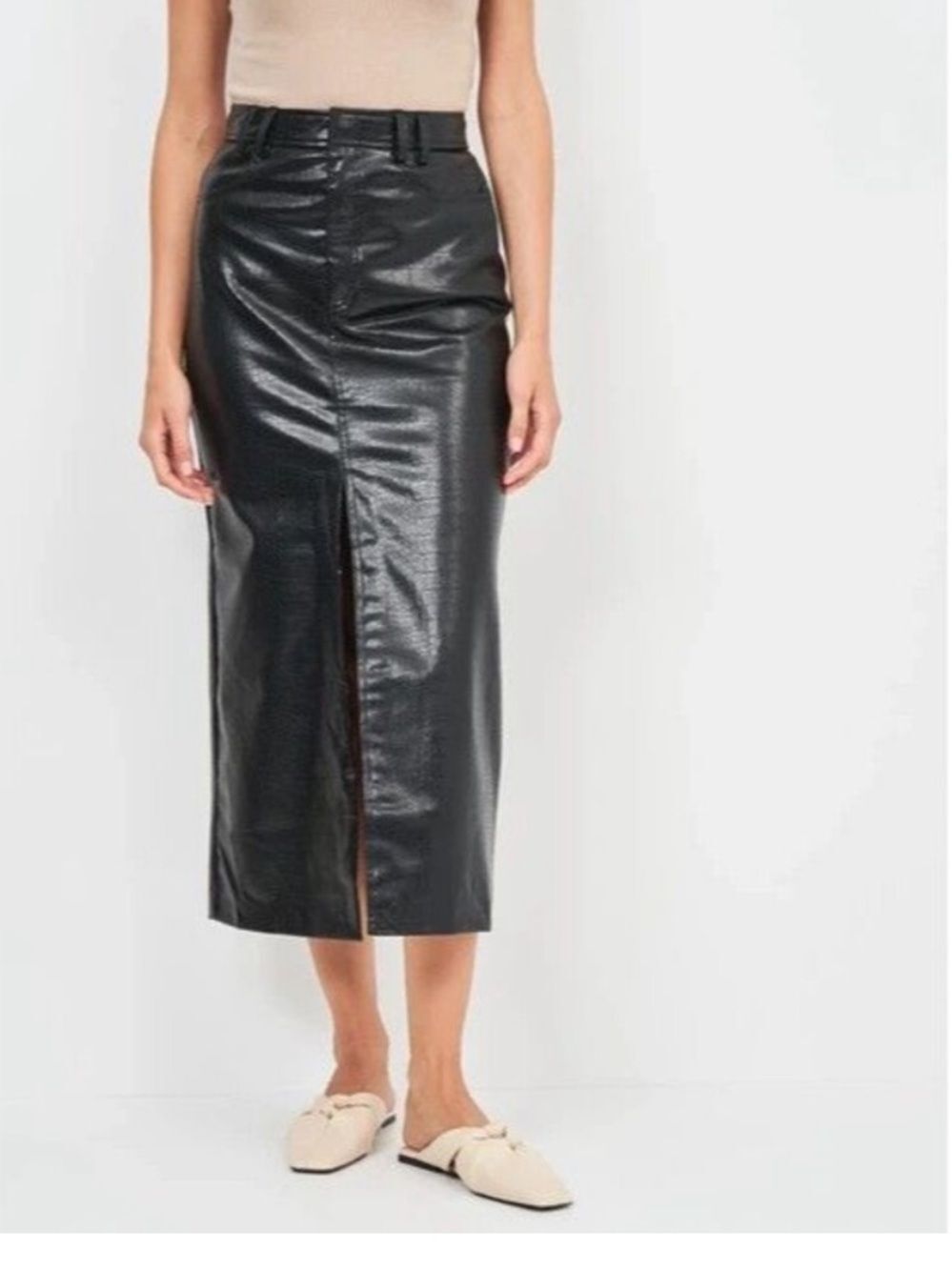 Zara Black Crocodile Faux Leather Midi Skirt Front Slit Sz M - Picture 2 of 9